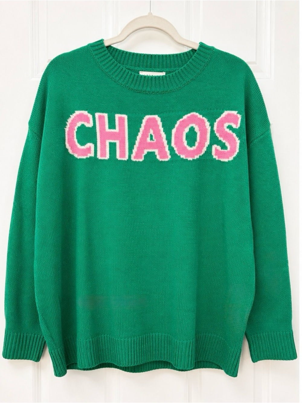 NWOT Promesa CHAOS Graphic Sweater S/M Green Pink Oversized Knit Pullover